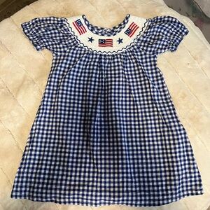 Blue Gingham Dress with Flag Embroidery